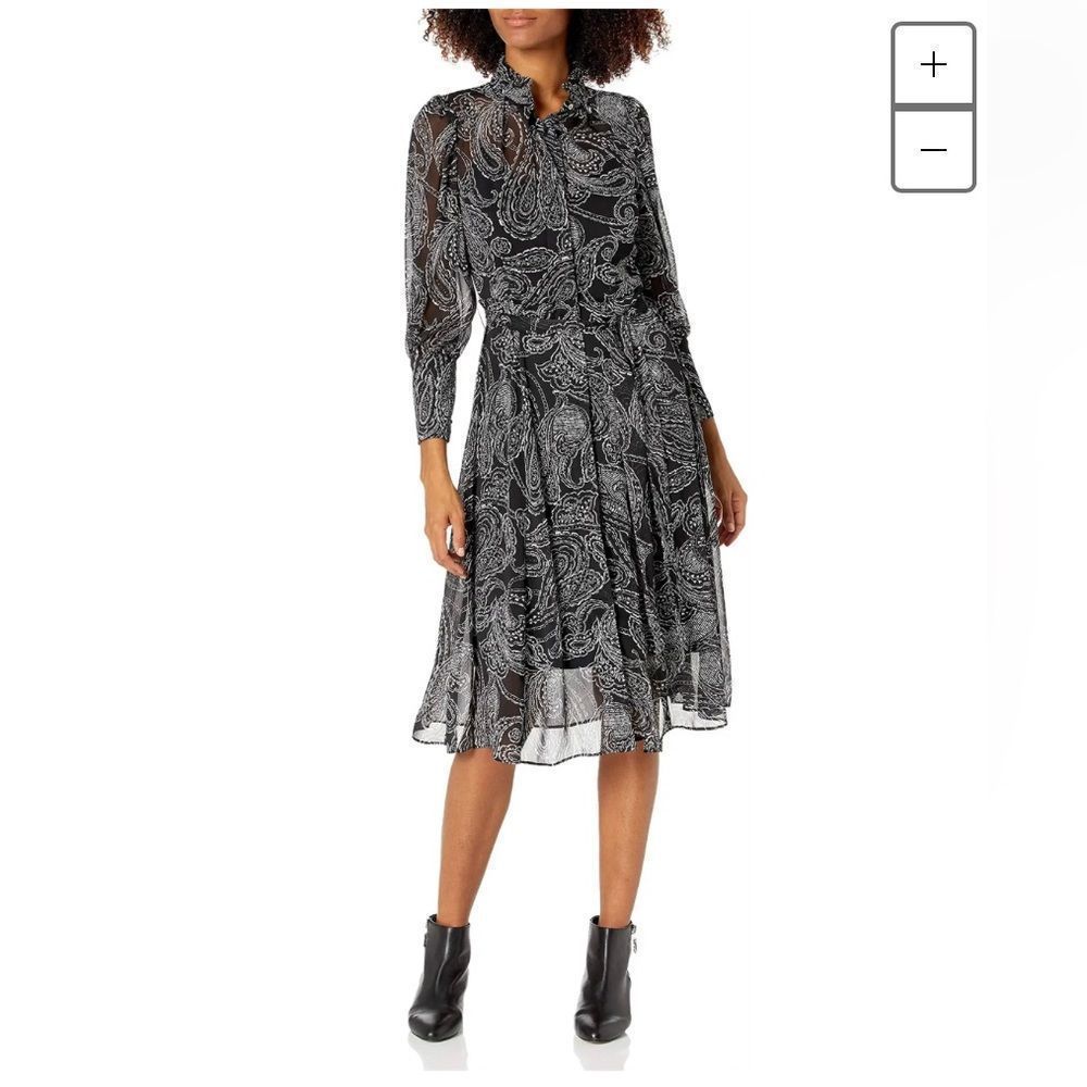 Calvin Klein Black and White Paisley Midi Shirt Dress